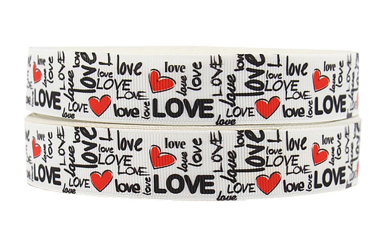 7/8" Grosgrain Ribbon Love Script Red Heart Valentines DIY Hair Bows