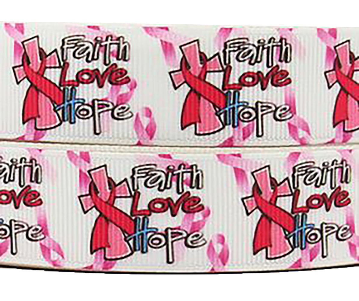 7/8" Faith Hope Love Grosgrain Ribbon Breast Cancer Awareness