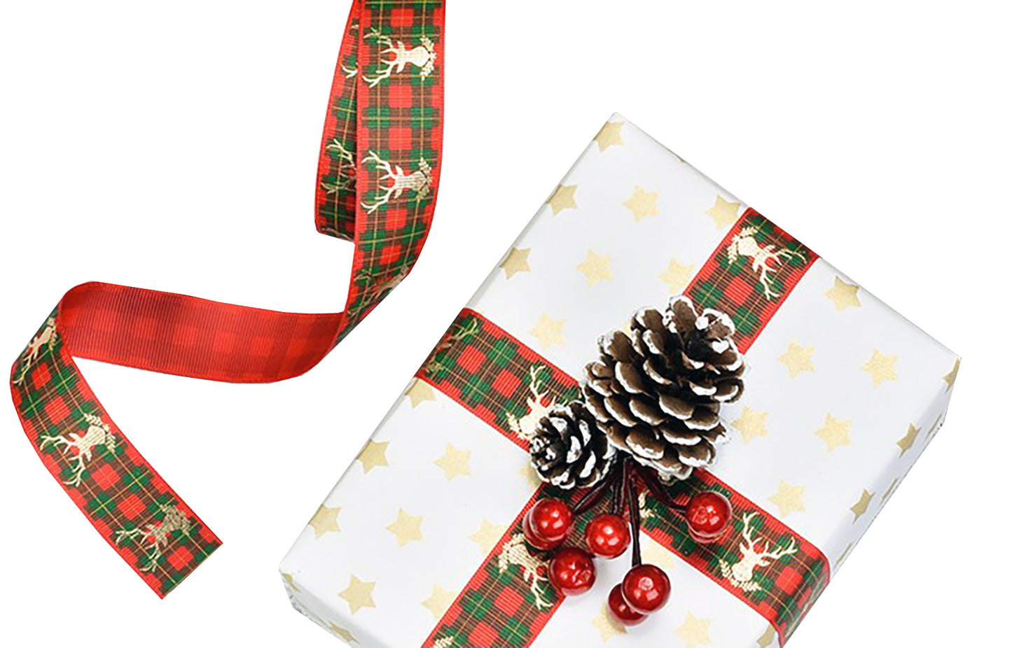 1" Gold Foil Deer Grosgrain Red Christmas Plaid Holiday Ribbon DIY Gift Wrap Bow