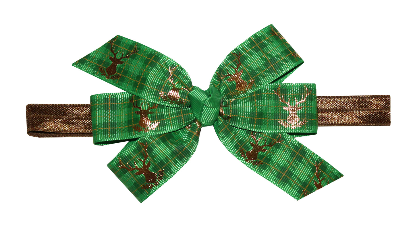 WD2U Girls Green Christmas Plaid Deer Woodland Hair Bow Stretch Headband USA