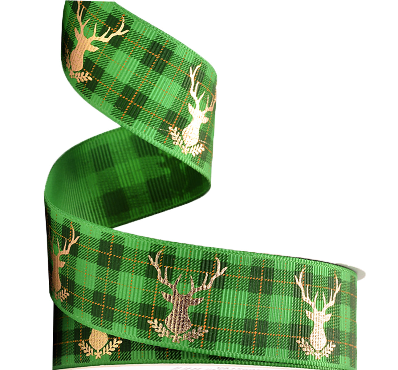 1" Gold Foil Deer Grosgrain Green Christmas Plaid Holiday Ribbon DIY Gift Wrap B