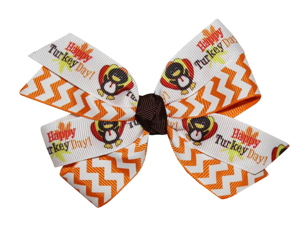 WD2U Girls Chevron Happy Turkey Day Thanksgiving Harvest Hair Bow French Clip