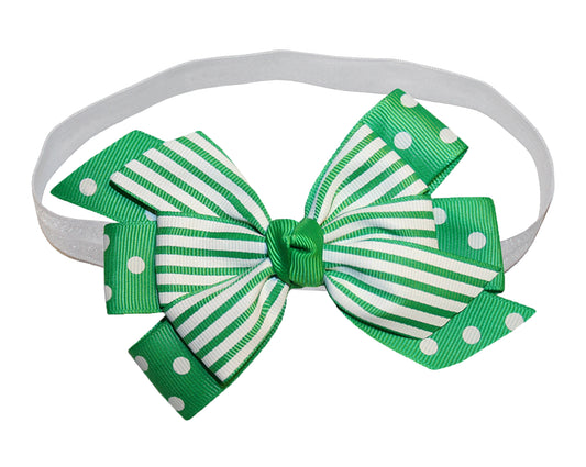 Webb Direct 2U Baby Girls Green White Dotted & Striped Hair Bow Headband 9013HB