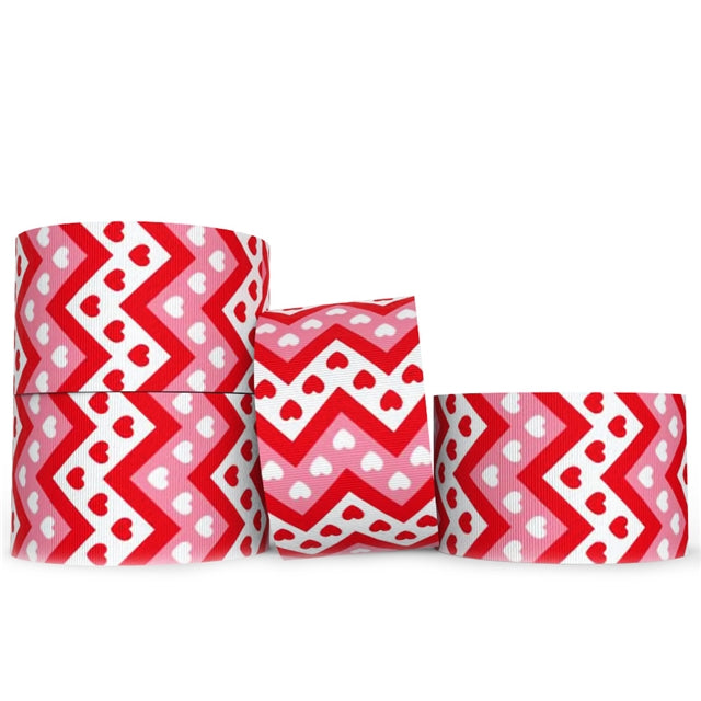 1.5" Grosgrain Ribbon Pink & Red Chevron Heart Valentines Print DIY Bows Crafts