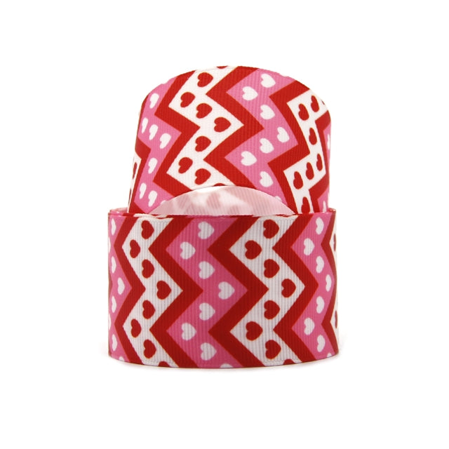 1" Grosgrain Ribbon Pink & Red Chevron Heart Valentines Print DIY Hair Bows