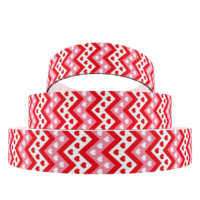 1" Grosgrain Ribbon Pink & Red Chevron Heart Valentines Print DIY Hair Bows