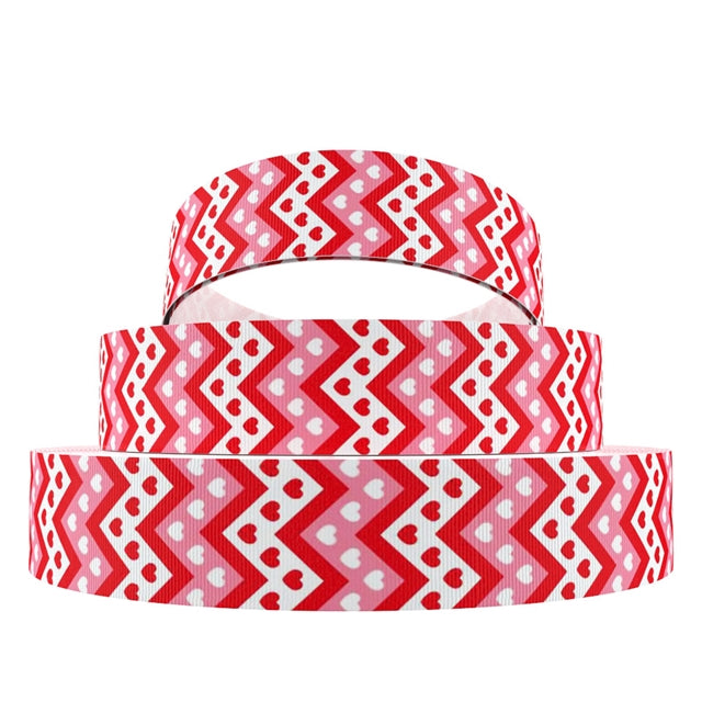 1" Grosgrain Ribbon Pink & Red Chevron Heart Valentines Print DIY Bows Crafts