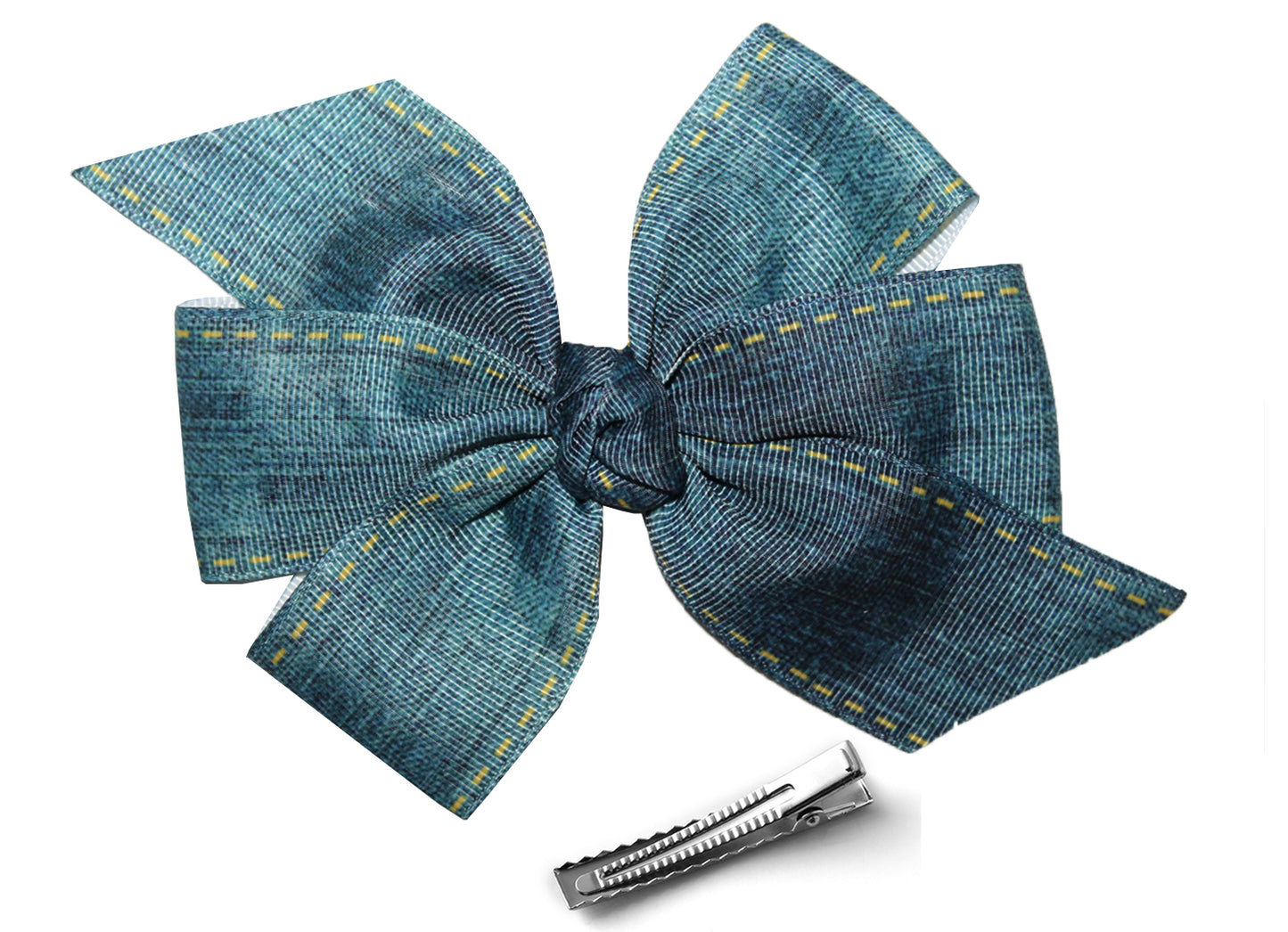 WD2U Girls 5" Stitched Jean Denim Grosgrain Hair Bow Alligator Clip