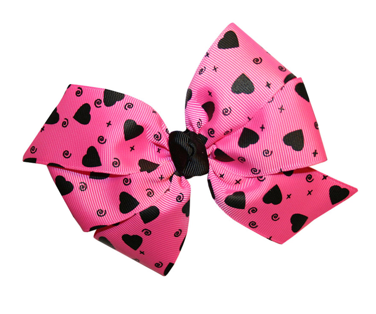 WD2U Girls Large Pink & Black Heart Valentines GrosGrain Hair Bow Alligator Clip