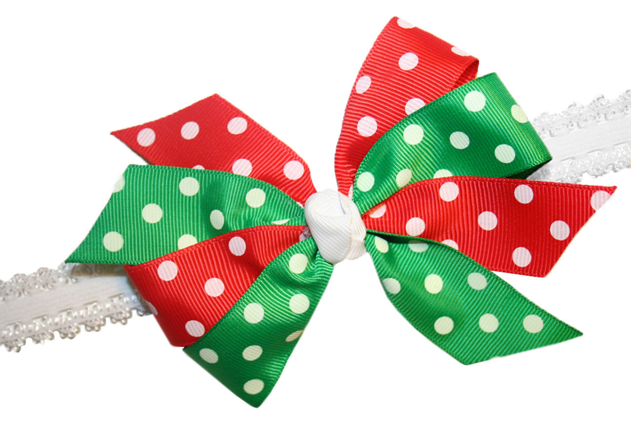 WD2U Girls Christmas Dotted GrosGrain Holiday Hair Bow Stretch Headband