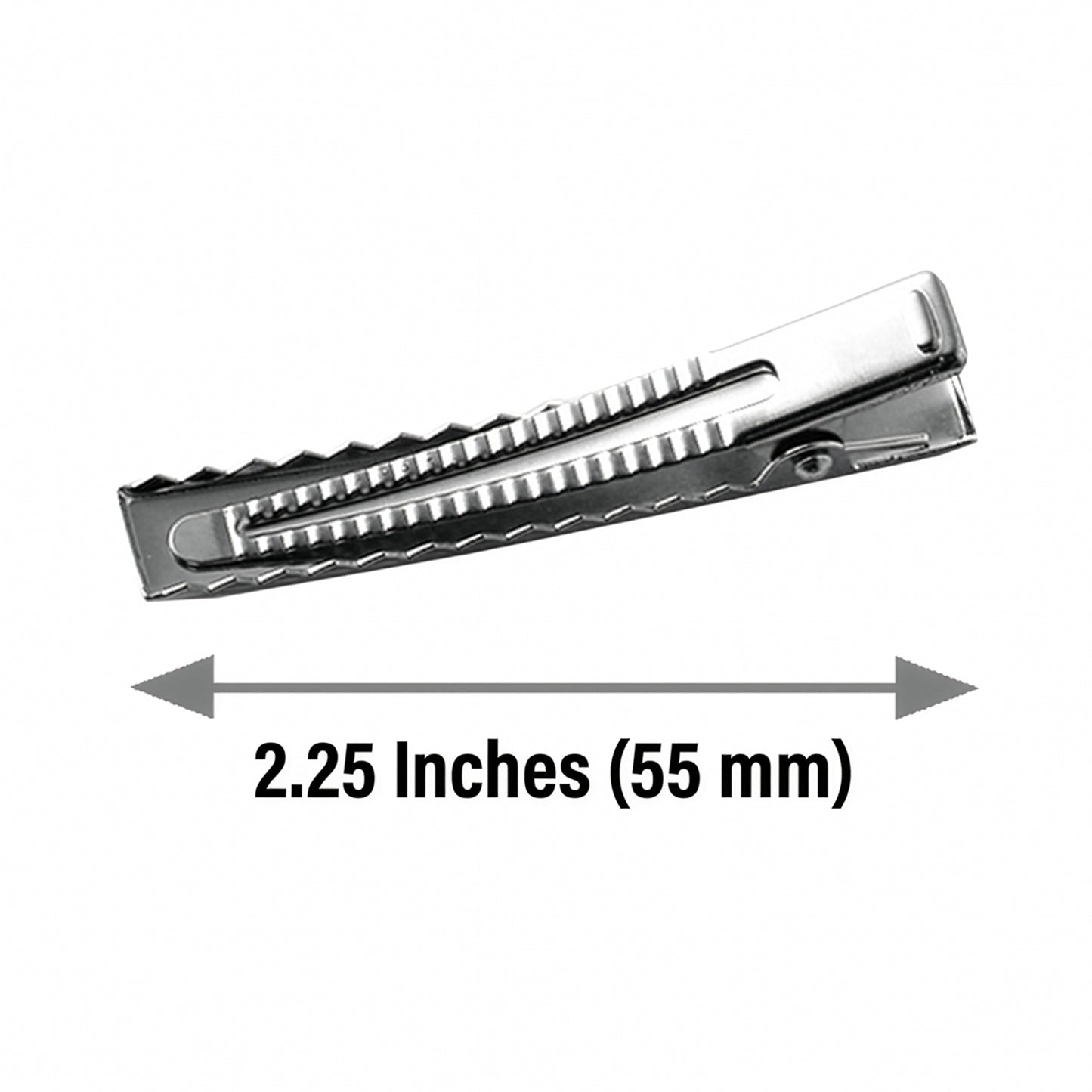 Metallic clip with measurement label indicating 2.25 inches (55 mm) on a white background