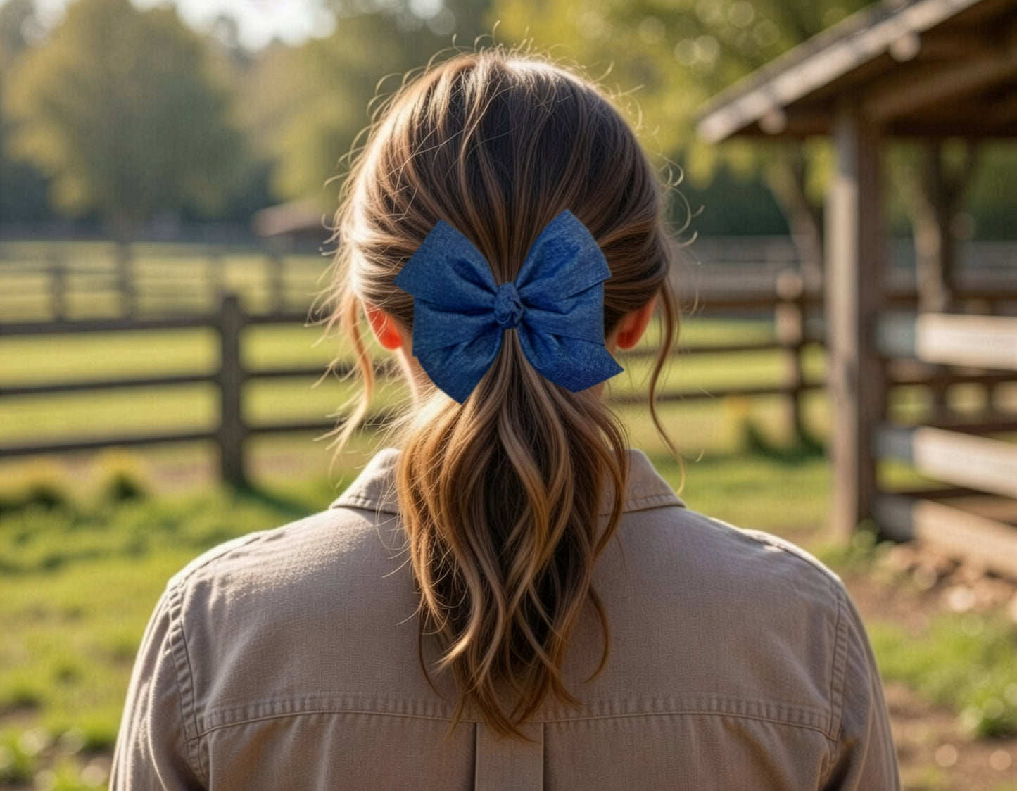5" Denim Hair Bow French Clip Barrette Blue Jean Ponytail Holder for Girls Women