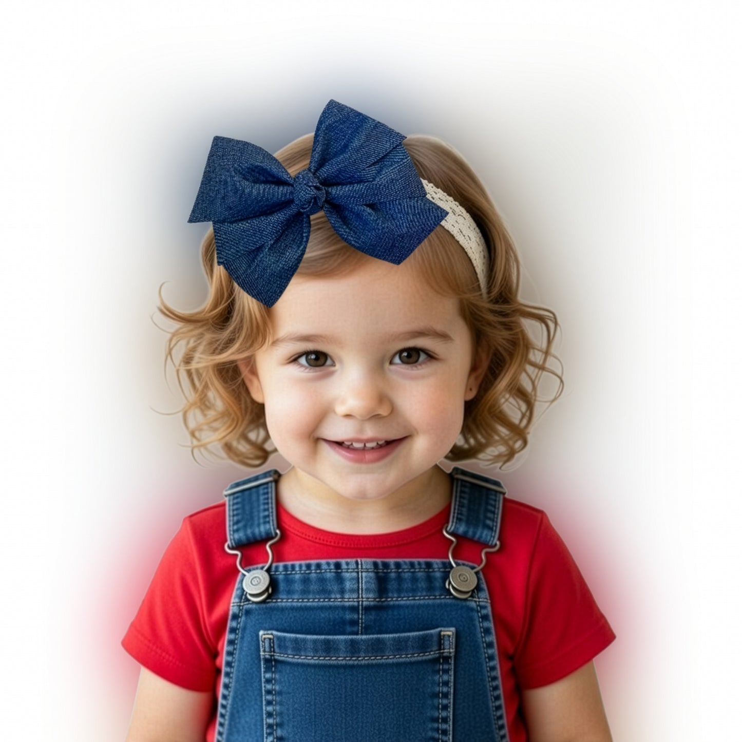 WD2U Baby Girls 5" Denim Blue Jean Hair Bow Ivory Stretch Elastic Headband
