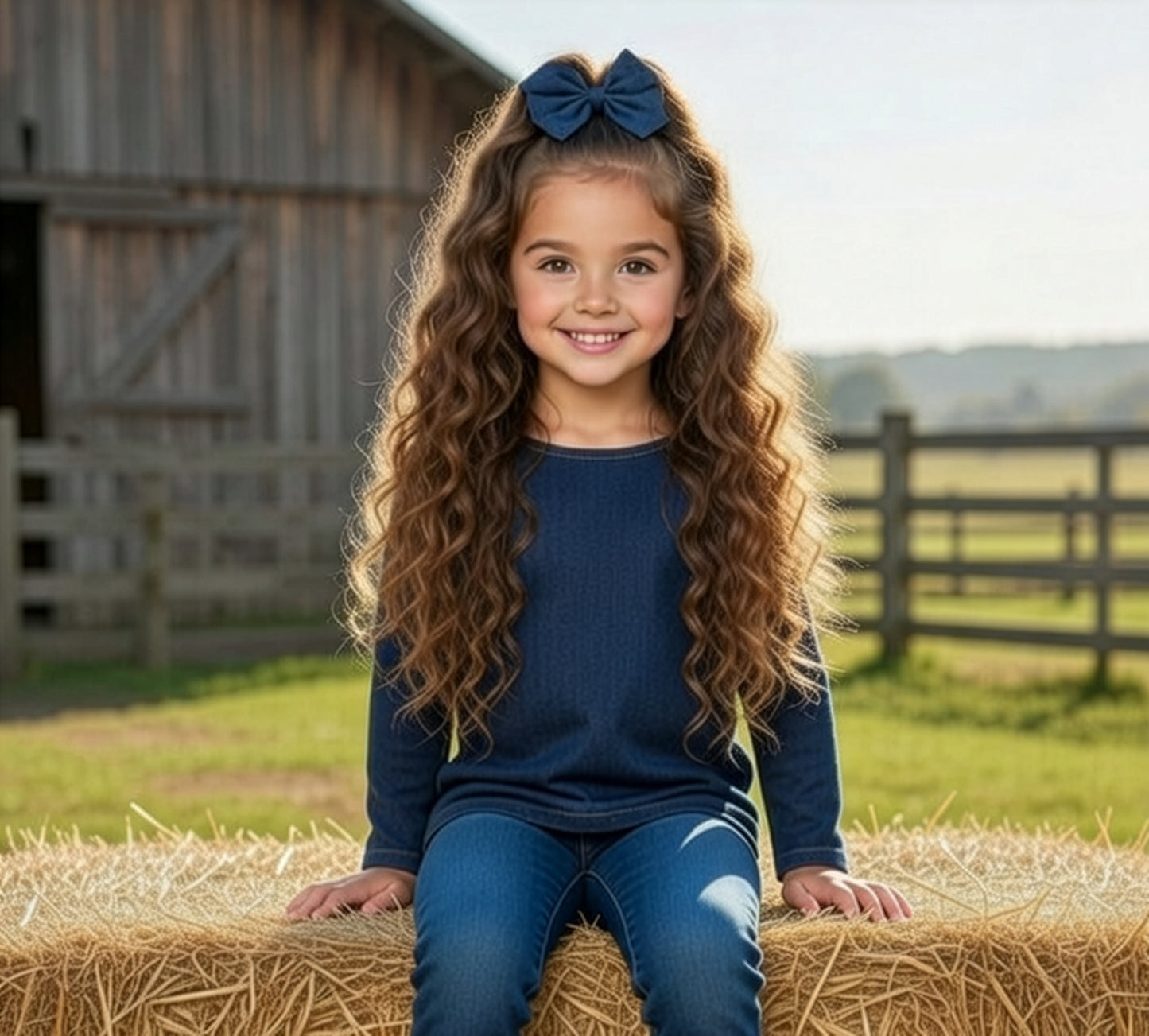 5" Denim Hair Bow French Clip Barrette Blue Jean Ponytail Holder for Girls Women