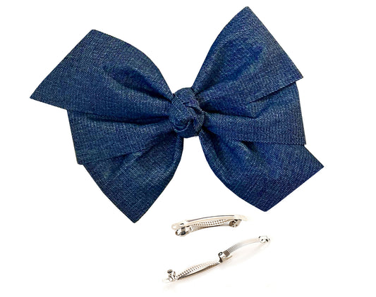 WD2U Girls 5" Denim Blue Jean Hair Bow French Clip Barrette