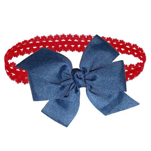 WD2U Baby Girls 5" Denim Blue Grosgrain Hair Bow Red Headband