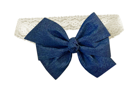WD2U Baby Girls 5" Denim Blue Jean Hair Bow Ivory Stretch Elastic Headband