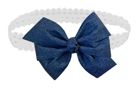 Baby Girls 5" Denim Blue Jean Large Hair Bow White Stretch Headband
