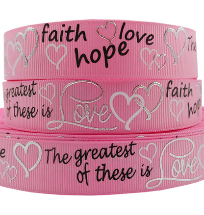 7/8" Grosgrain Ribbon Pink Faith Hope Love Christian Heart DIY Hair Bows