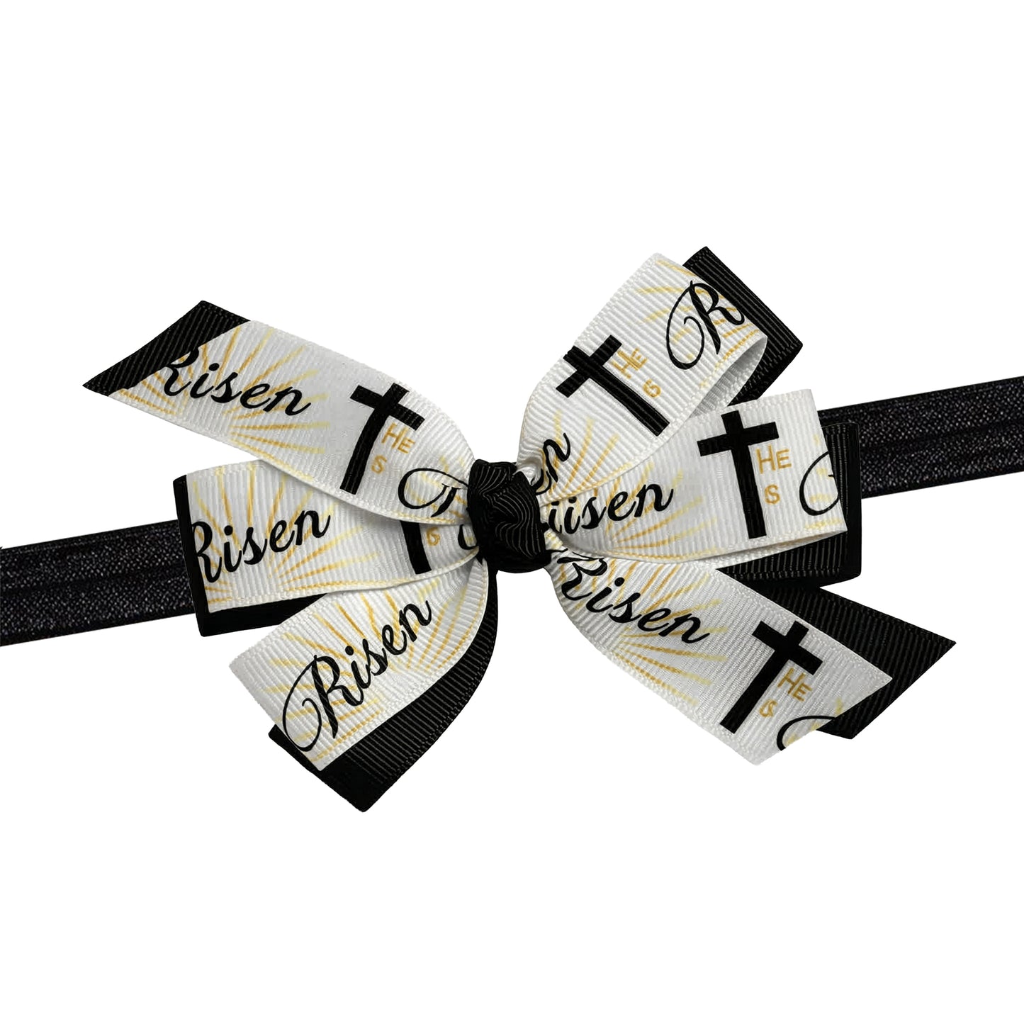 Bow with 'Risen' and cross designs on a white background