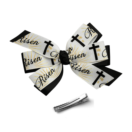 Bow with 'He is Risen' text and crosses on a white background