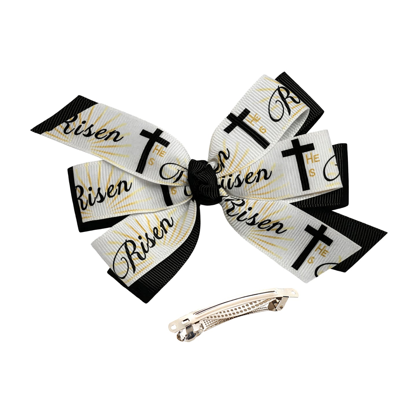 Hair bow with 'He is Risen' text and crosses, accompanied by a hair clip on a white background.