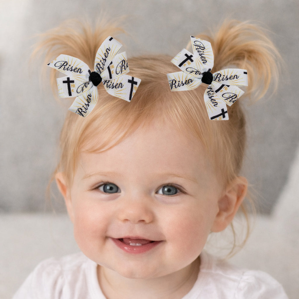 Baby Girl Set of 2 He is Risen Cross 3" Pigtail Hair Bows Alligator Clips
