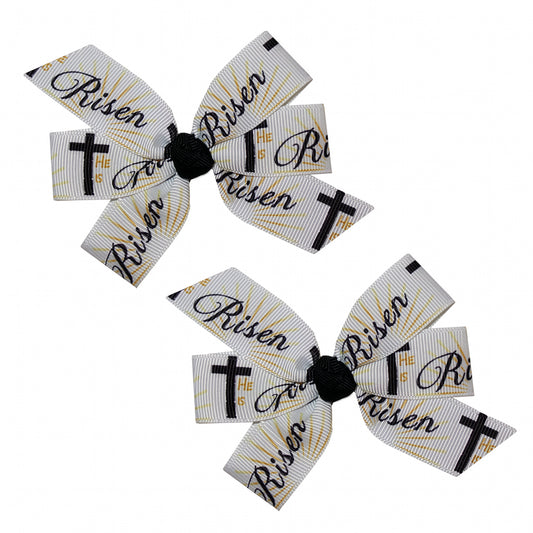 Baby Girl Set of 2 He is Risen Cross 3" Pigtail Hair Bows Alligator Clips