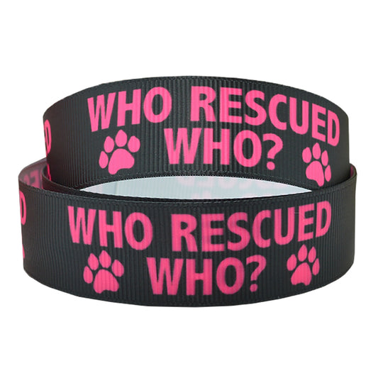 7/8" Pink Black Who Rescued Who Paw Print Grosgrain Ribbon DIY Dog Adoption Hair Bows