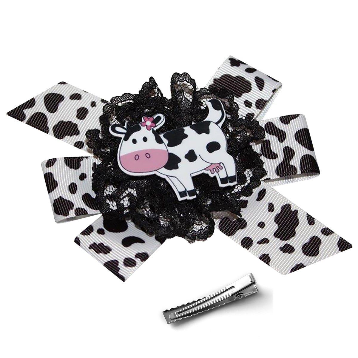 WD2U Girls 4.5" Daisy Holstein Milk Cow Farm Girl Hair Bow Alligator Clip