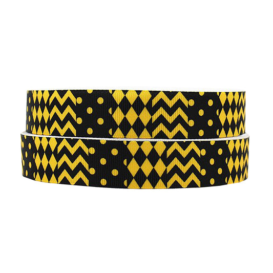 7/8" Grosgrain Ribbon Yellow Black Chevron Dotted Bumble Bee Print DIY Hair Bows