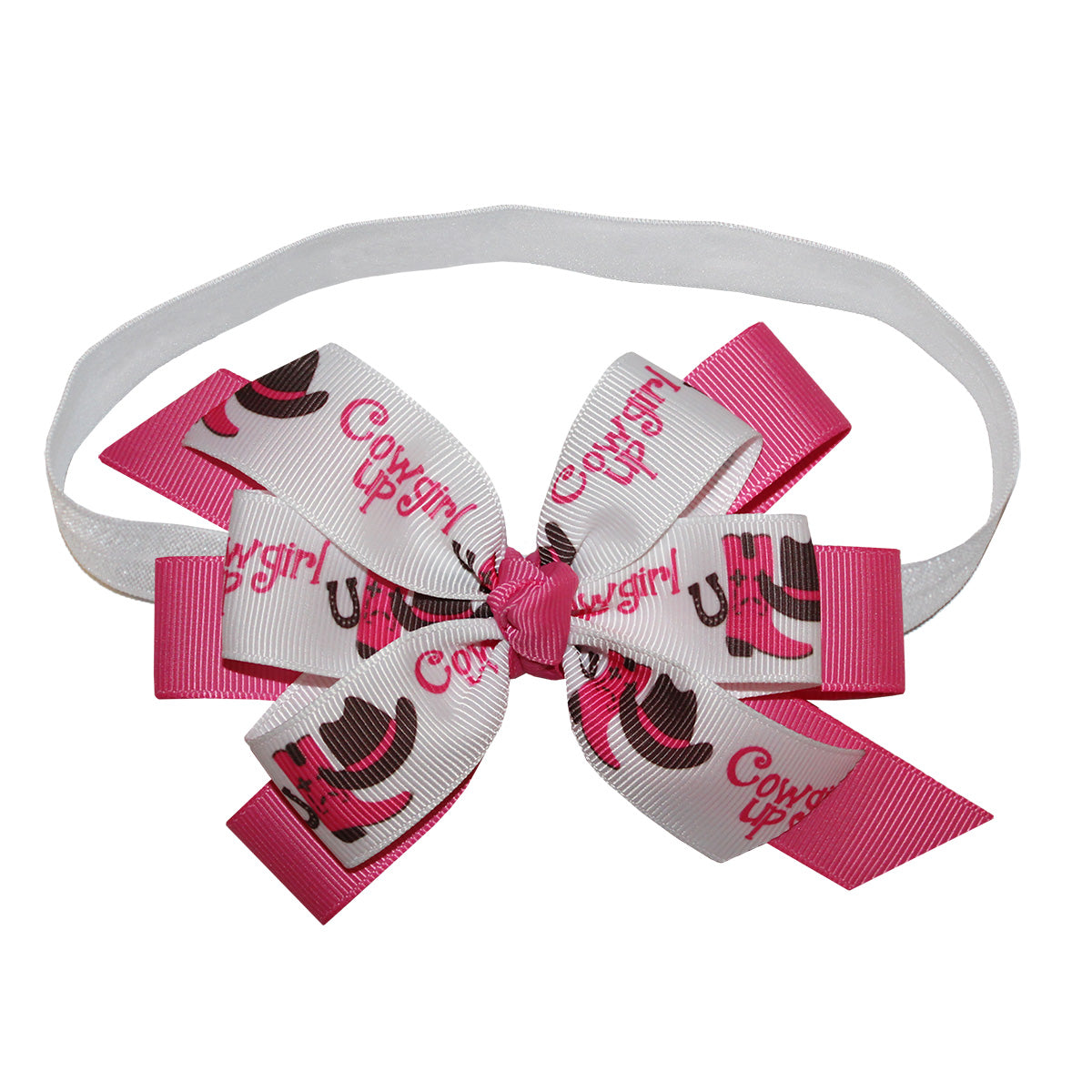 WD2U Baby Girls 5" Pink Cowgirl Up Rodeo Boots Grosgrain Hair Bow Stretch Headband
