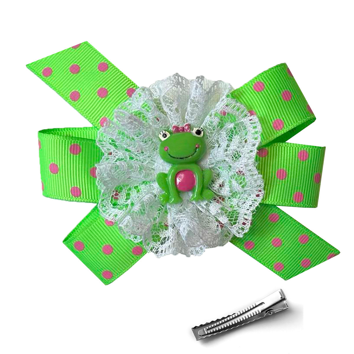 WD2U Girls 4.5" Lime Green Pink Princess Frog Hair Bow Alligator Clip