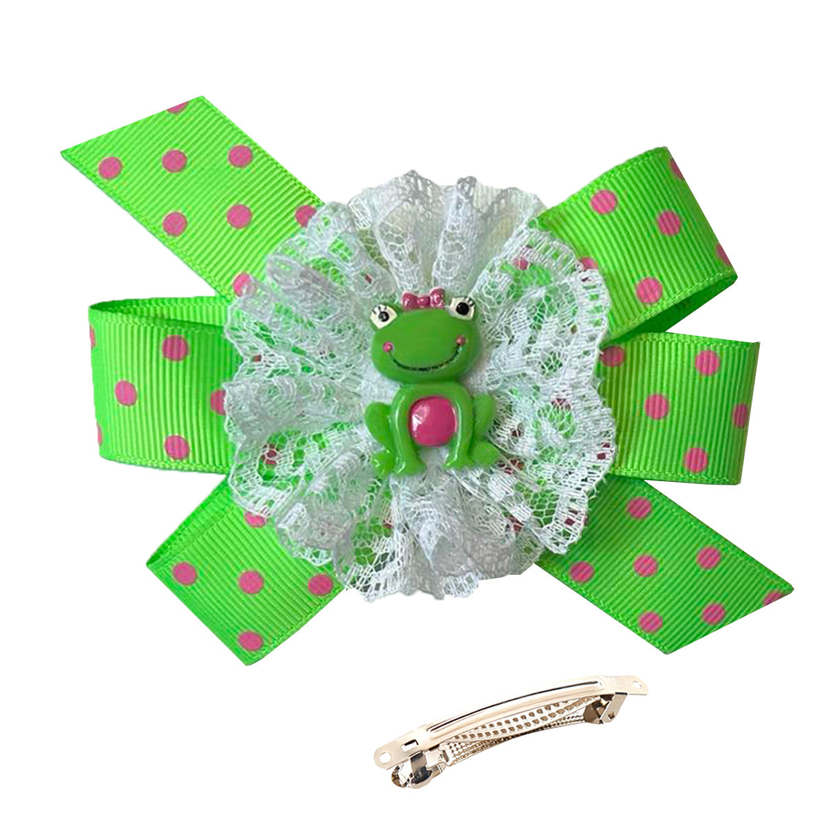 WD2U Girls 4.5" Lime Green Pink Princess Frog Hair Bow French Clip Barrette