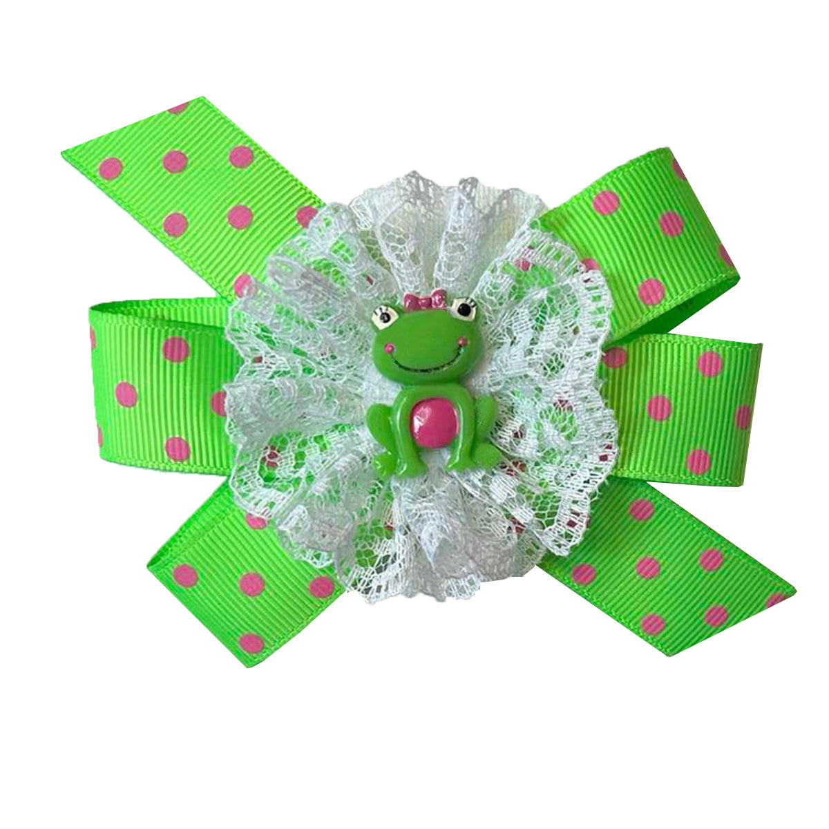 WD2U Girls 4.5" Lime Green Pink Princess Frog Hair Bow Alligator Clip