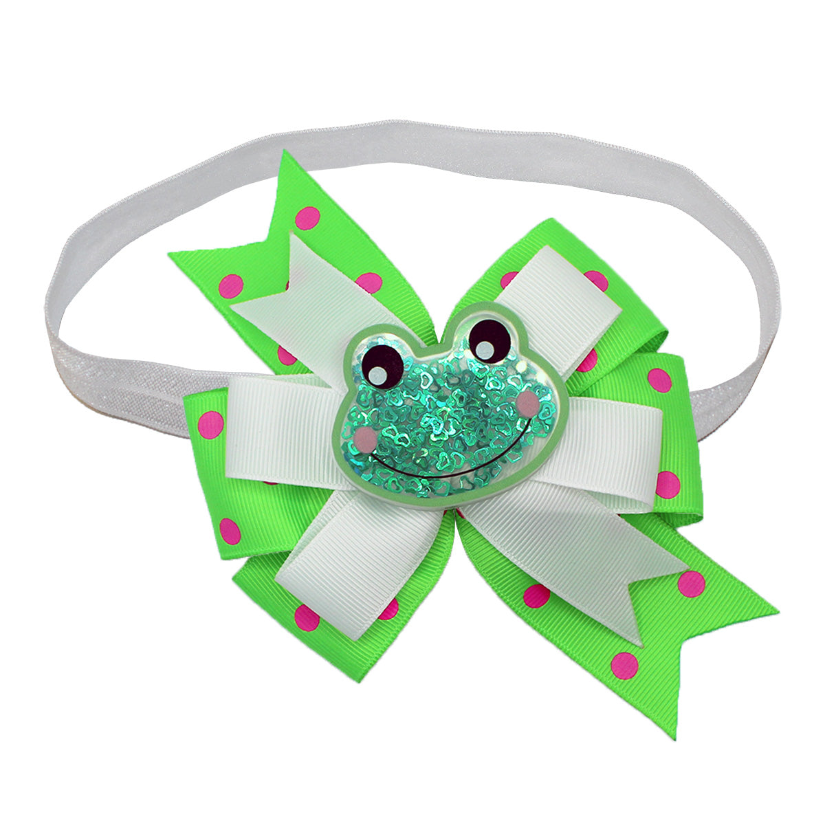 WD2U Baby Girls 5" Sequin Frog Dotted Grosgrain Hair Bow Stretch Headband