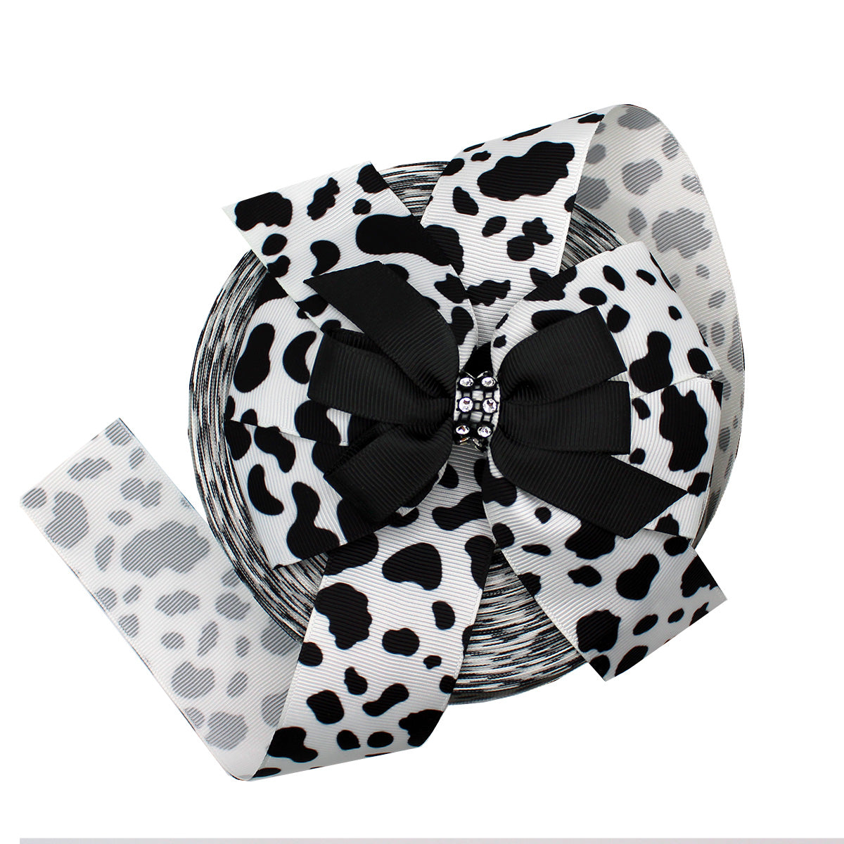 WD2U Baby Girls 5" Layered Black White Holstein Cow Grosgrain Hair Bow Stretch Headband