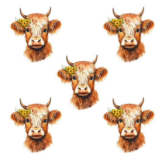 Set of 5 - Shaggy Brown Highland Cow Acrylic Resin Flatbacks DIY Hair Bows Crafts