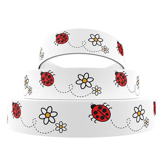 7/8" Daisy Ladybug Grosgrain Ribbon Yardage DIY Lady Bug Hair Bows Crafts