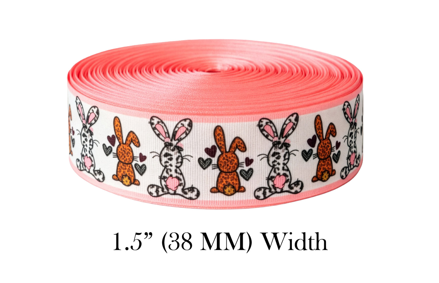 1.5" (38mm) Grosgrain Ribbon - Some Bunny Loves You Leopard Bunny Animal Print with Hearts - Yardage for DIY Hair Bows, Easter, Valentines, Spring Crafts