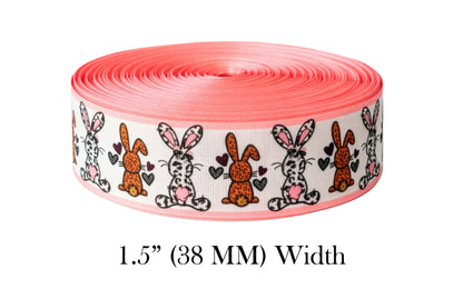 1.5" (38mm) Grosgrain Ribbon - Some Bunny Loves You Leopard Bunny Animal Print with Hearts - Yardage for DIY Hair Bows, Easter, Valentines, Spring Crafts
