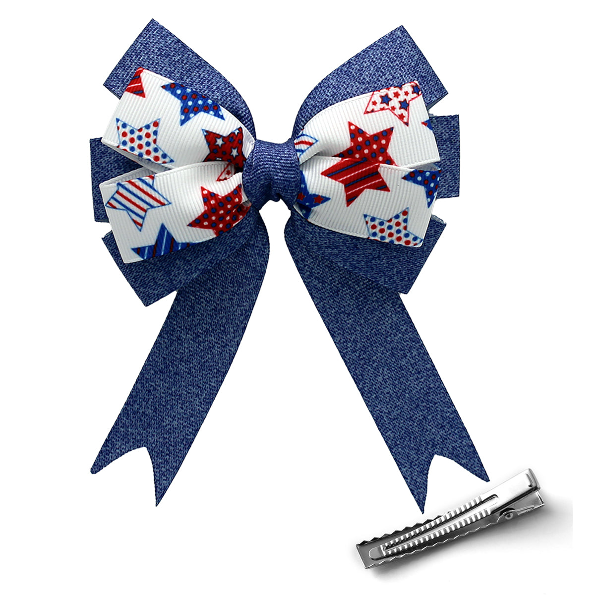 WD2U Girls 4" Red White Blue Jean Star Patriotic Hair Bow with Tails Alligator Clip