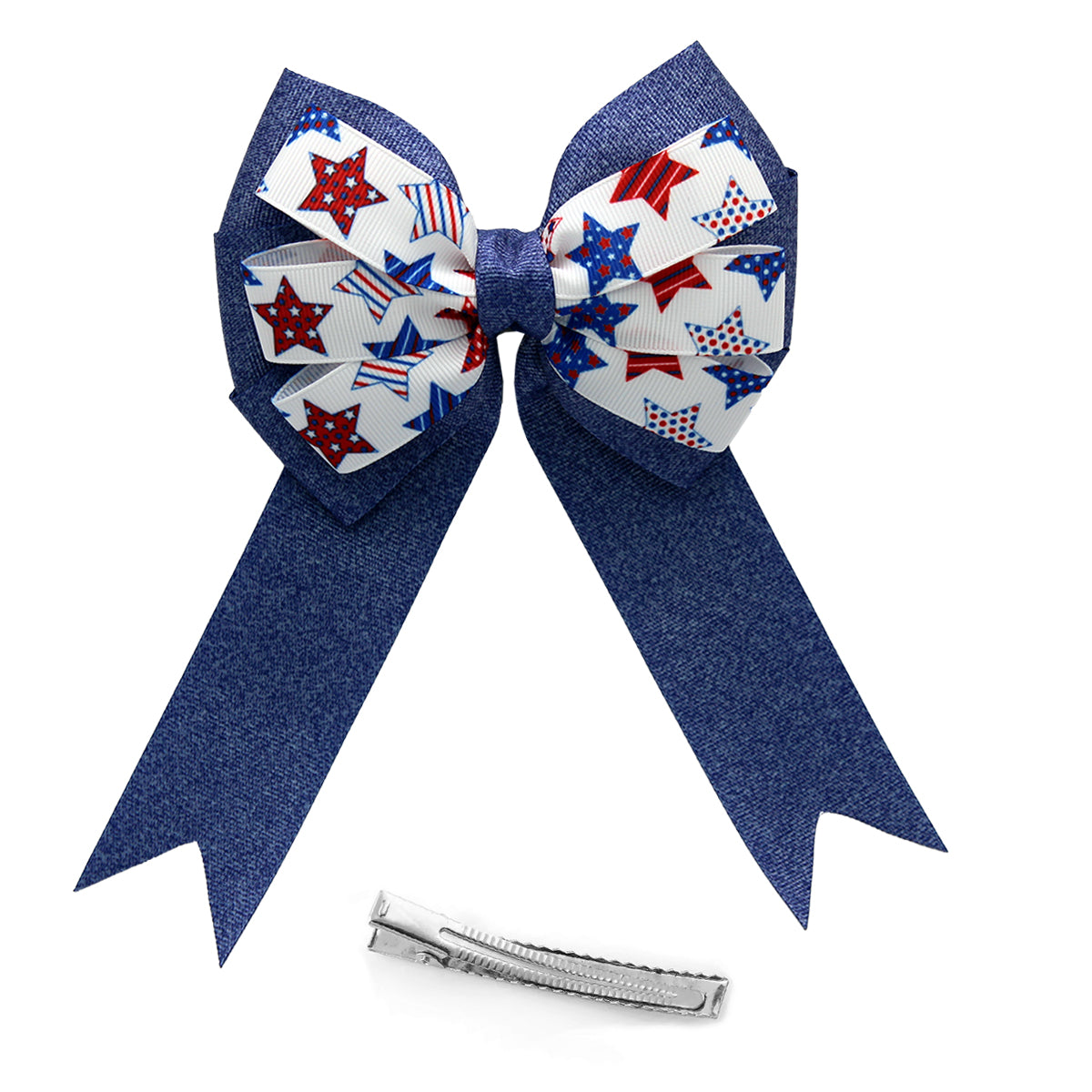 WD2U Girls Large 5" Red White Blue Jean Star Patriotic Hair Bow with Tails Alligator Clip