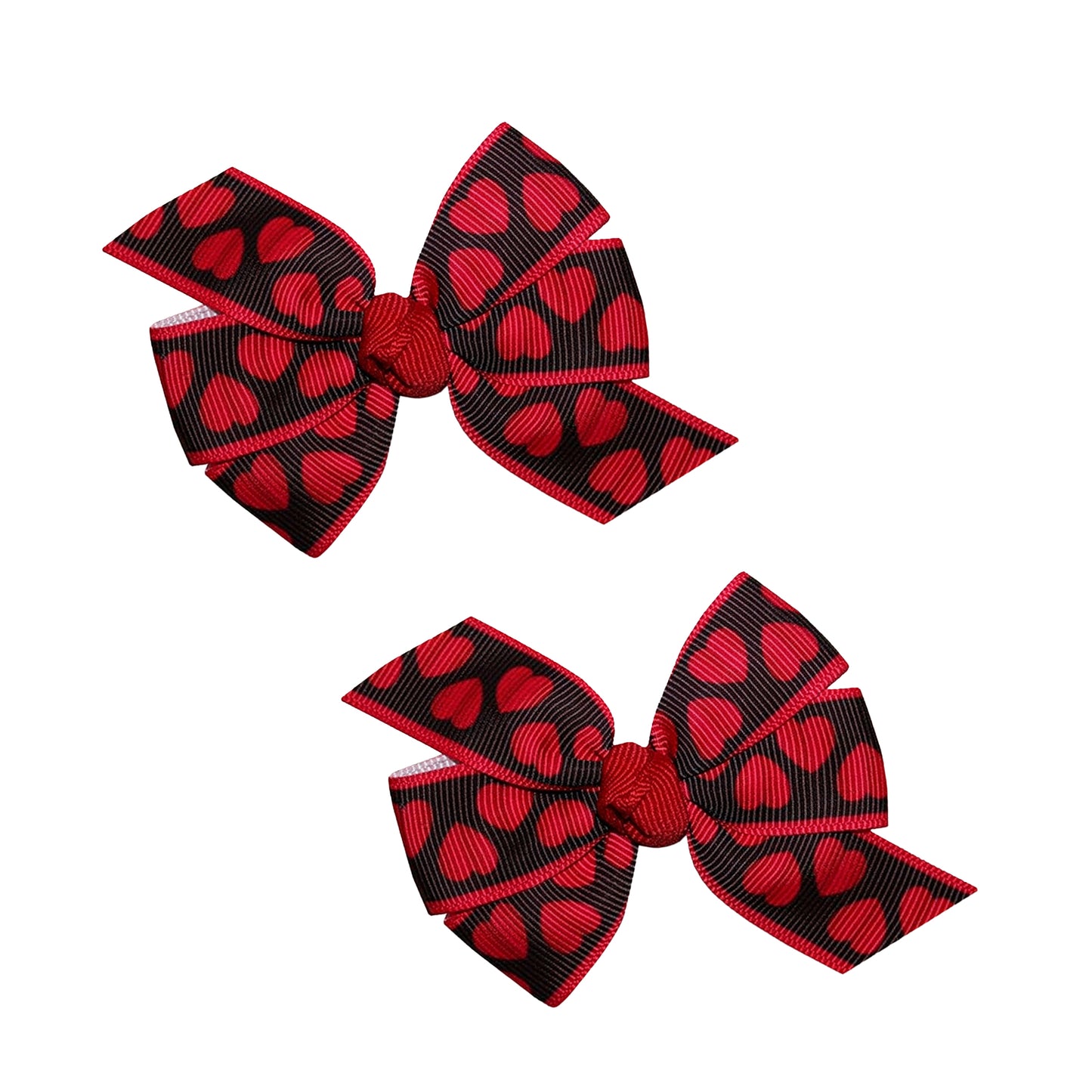 Baby Girl Valentines Hair Bows Set of 2 Black Red Heart Grosgrain Ribbon Alligator Clips