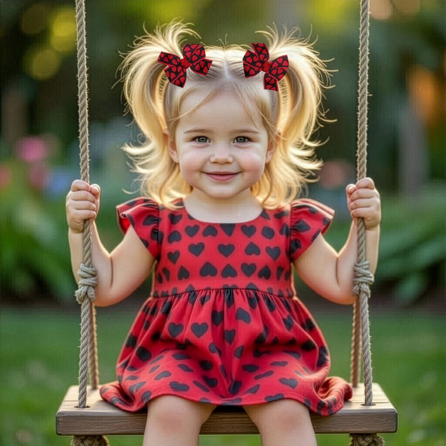 Baby Girl Valentines Hair Bows Set of 2 Black Red Heart Grosgrain Ribbon Alligator Clips
