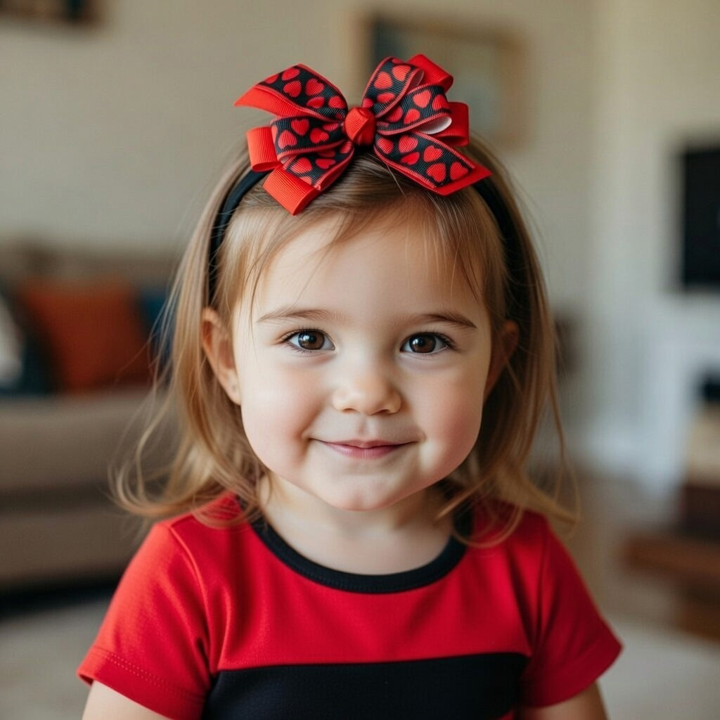 Valentine's Day Black & Red Hearts 4.5" Grosgrain Hair Bow Baby Stretch Headband