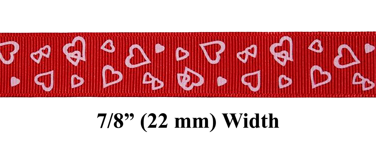7/8" Grosgrain Ribbon Red with Light Pink Hearts Valentine's Day Print - DIY Hair Bows Crafts Gifts
