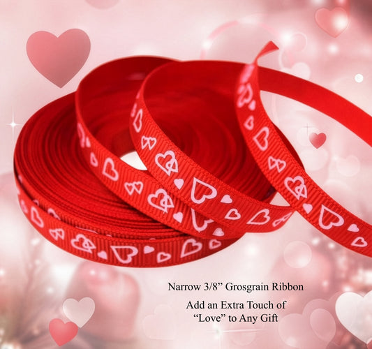 3/8" Grosgrain Ribbon Red with Light Pink Hearts Valentine's Day Print - DIY Hair Bows Crafts Gifts