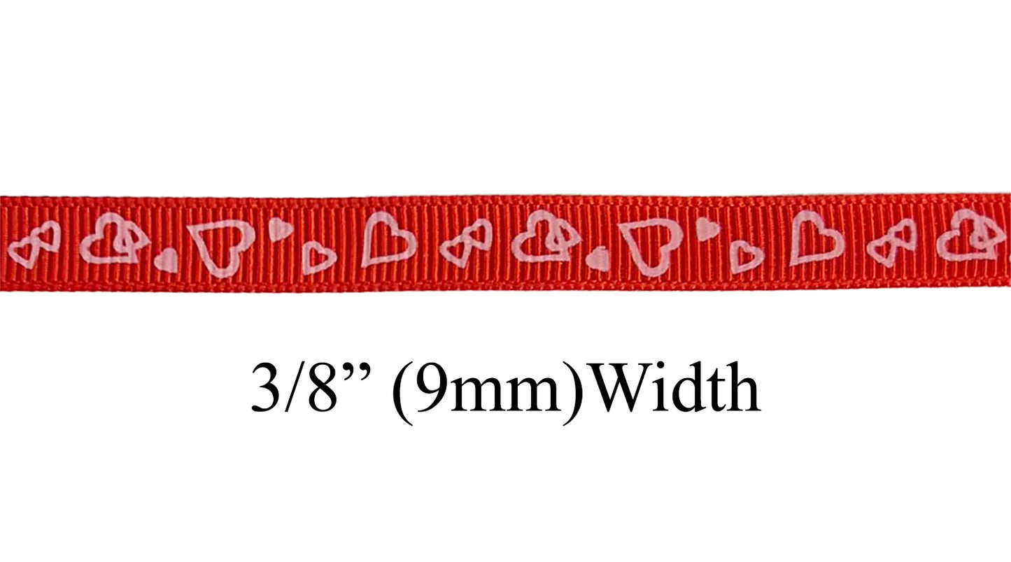 3/8" Grosgrain Ribbon Red with Light Pink Hearts Valentine's Day Print - DIY Hair Bows Crafts Gifts