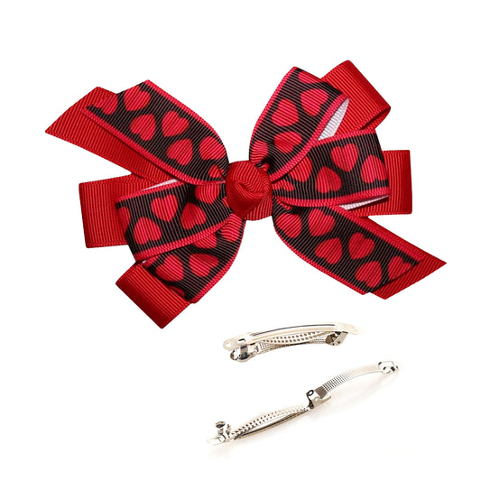 Valentine's Day Black & Red Hearts Hair Bow 4.5” Grosgrain Ribbon French Clip Barrette